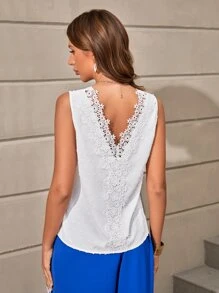 SHEIN Clasi Contrast Guipure Lace Tank Top - White - View 3