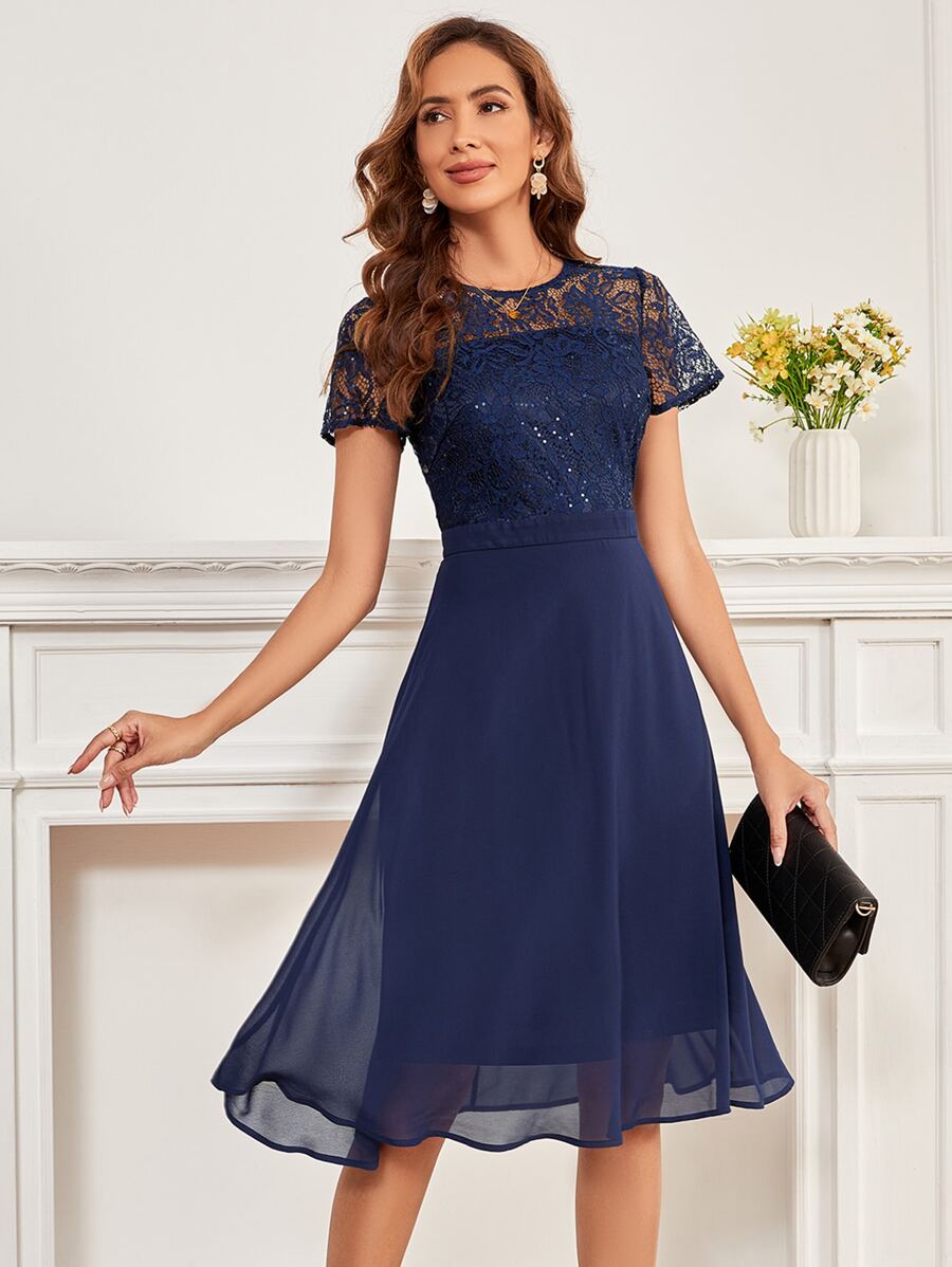 Contrast Lace High Waist A-Line Dress, Semi Formal Dress - Navy Blue - View 1