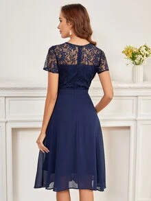 Contrast Lace High Waist A-Line Dress, Semi Formal Dress - Navy Blue - View 2