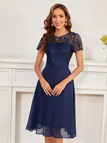 Contrast Lace High Waist A-Line Dress, Semi Formal Dress - Navy Blue - View 3