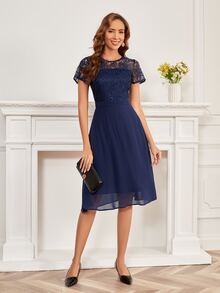 Contrast Lace High Waist A-Line Dress, Semi Formal Dress - Navy Blue - View 4