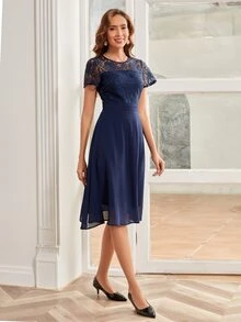 Contrast Lace High Waist A-Line Dress, Semi Formal Dress - Navy Blue - View 5