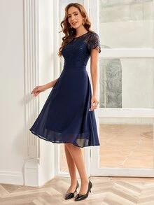 Contrast Lace High Waist A-Line Dress, Semi Formal Dress - Navy Blue - View 6