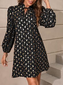 SHEIN Clasi Gold Dot Print Lantern Sleeve Tie Neck Dress - Black - View 3