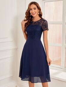 Contrast Lace High Waist A-Line Dress, Semi Formal Dress - Navy Blue - View 7