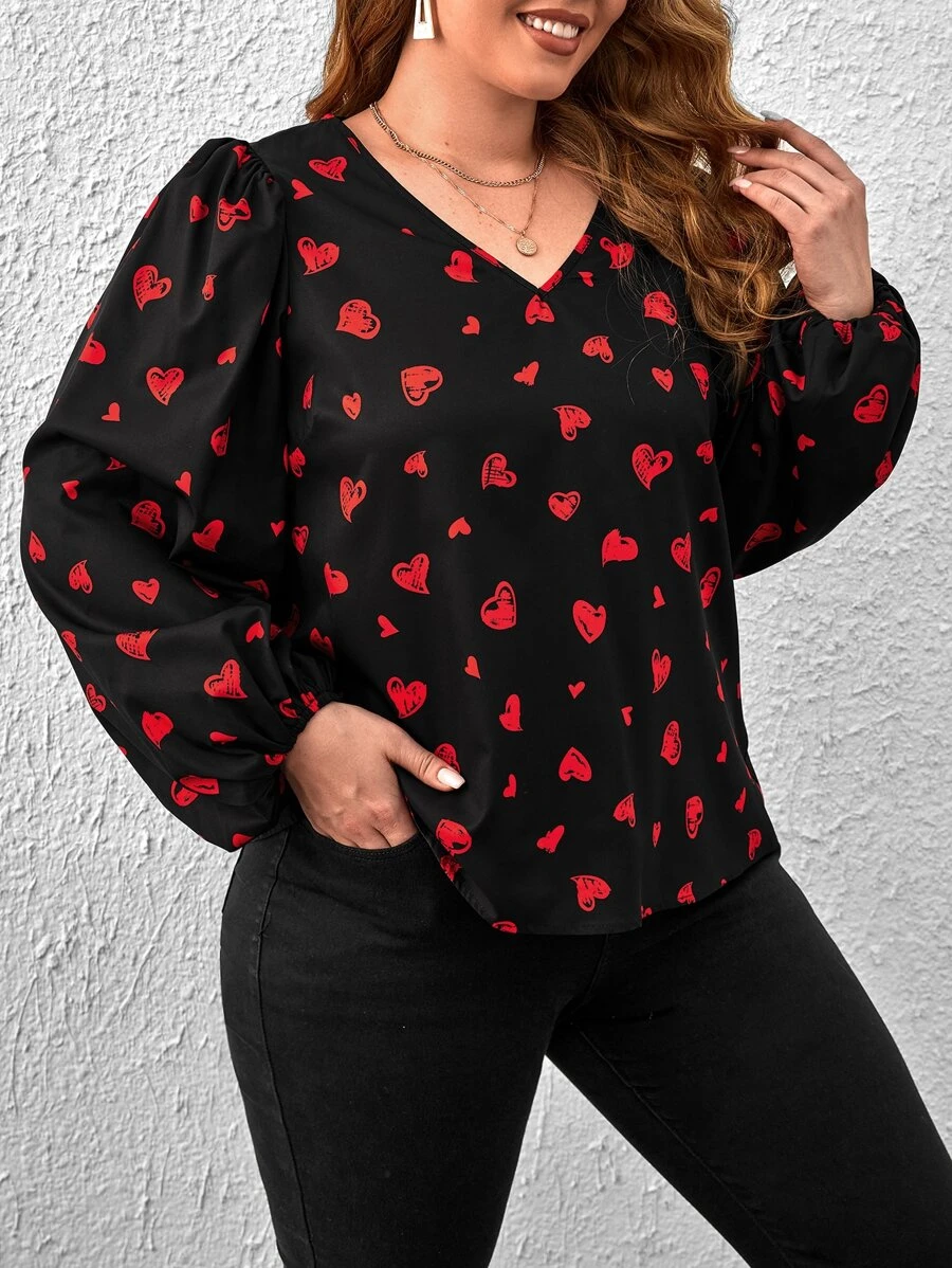SHEIN Clasi Plus Heart Print Lantern Sleeve Blouse - Multicolor - View 1