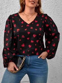SHEIN Clasi Plus Heart Print Lantern Sleeve Blouse - Multicolor - View 3