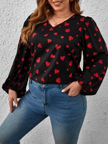 SHEIN Clasi Plus Heart Print Lantern Sleeve Blouse - Multicolor - View 6