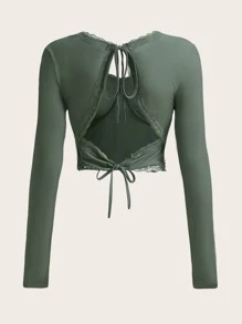 Áo thun nữ Lộ Lưng Tương phản ren Buộc lại Gân đan màu trơn Giải trí - màu xanh lá - Xem 2