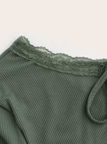 Áo thun nữ Lộ Lưng Tương phản ren Buộc lại Gân đan màu trơn Giải trí - màu xanh lá - Xem 3