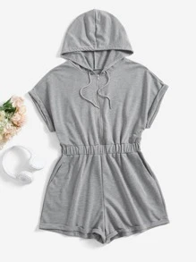 SHEIN EZwear Plus Drawstring Hooded Romper - Light Grey - View 1