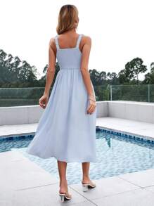 GENKIRA Solid Split Thigh Shirred Cami Dress - Baby Blue - View 3