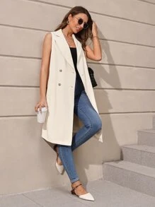 SHEIN LUNE Lapel Neck Double Breasted Vest Blazer - Beige - View 3
