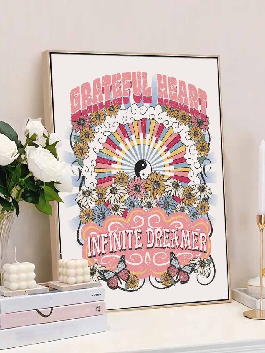 1pc Flower & Letter Graphic Unframed Painting - Multicolor - View 1