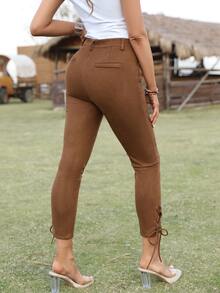 Zipper Fly Lace Up Hem Skinny Trousers - Brown - View 3