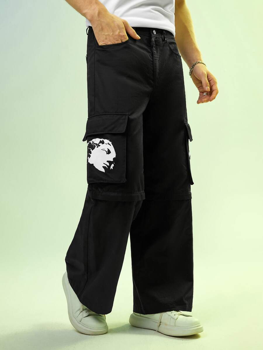 Jack B. Wiese 男士人像圖案翻蓋口袋工裝褲 - 黑色 - 查看 1