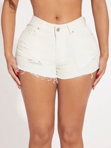 SHEIN SXY Ripped Raw Hem Denim Shorts - White - View 5