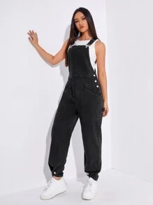 Slant Pocket Denim Dungarees Without Tube - Black - View 1