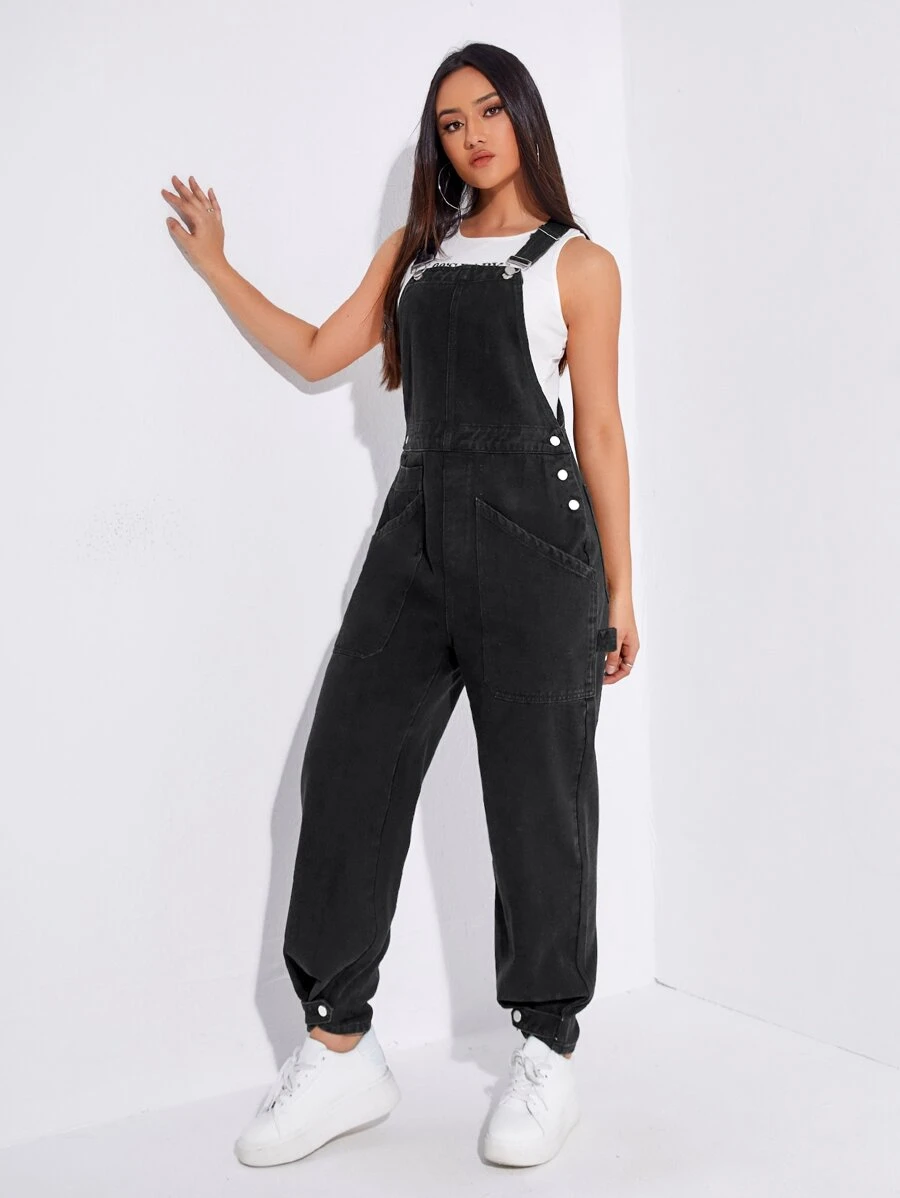 Slant Pocket Denim Dungarees Without Tube - Black - View 1