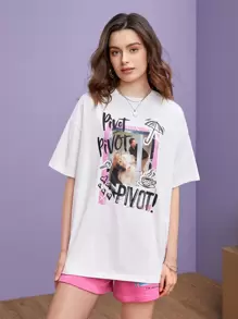 FRIENDS X SHEIN Slogan & Figure Graphic Drop Shoulder Tee - White - View 1