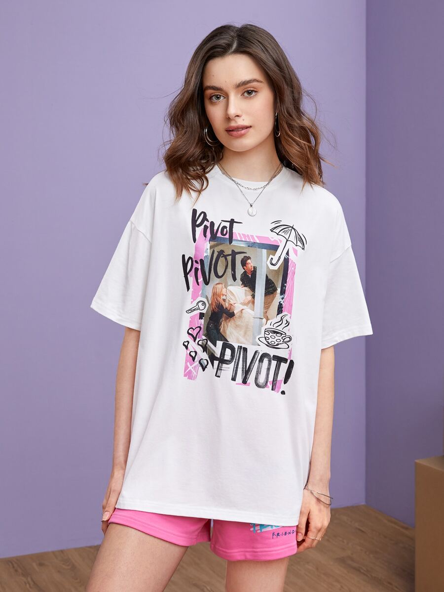 FRIENDS X SHEIN Slogan & Figure Graphic Drop Shoulder Tee - White - View 1