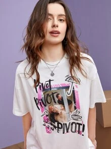 FRIENDS X SHEIN Slogan & Figure Graphic Drop Shoulder Tee - White - View 4
