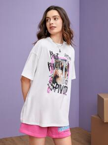 FRIENDS X SHEIN Slogan & Figure Graphic Drop Shoulder Tee - White - View 5
