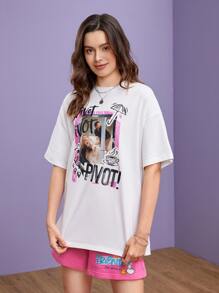 FRIENDS X SHEIN Slogan & Figure Graphic Drop Shoulder Tee - White - View 6