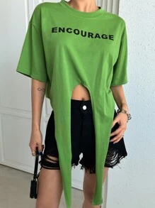 DAZY 字母圖案前打結落肩袖短款T恤 - 綠色 - 查看 4