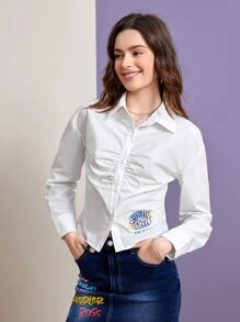 FRIENDS X SHEIN Letter Graphic Ruched Shirt - White - View 1