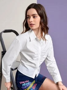 FRIENDS X SHEIN Letter Graphic Ruched Shirt - White - View 7