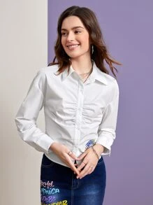 FRIENDS X SHEIN Letter Graphic Ruched Shirt - White - View 8