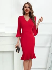 荷葉袖荷葉邊連衣裙 - 紅色 - 查看 1