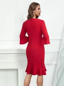 荷葉袖荷葉邊連衣裙 - 紅色 - 查看 2