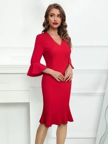 荷葉袖荷葉邊連衣裙 - 紅色 - 查看 3