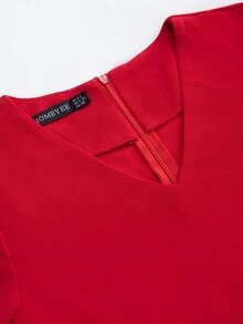 荷葉袖荷葉邊連衣裙 - 紅色 - 查看 5