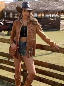 RELISH NOLESS Western Wear Women Cowgirl Boho Hippie Old Money Bohemian Festival Suede Fringe Jacket - Brown - View 1