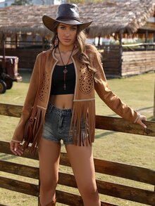 RELISH NOLESS Western Wear Women Cowgirl Boho Hippie Old Money Bohemian Festival Suede Fringe Jacket - Brown - View 8