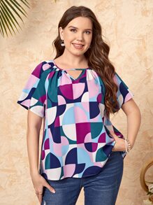 EMERY ROSE Plus Geo Print Keyhole Neckline Batwing Sleeve Top For Summer - Multicolor - View 5