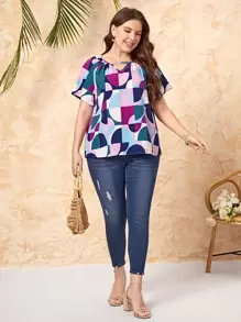 EMERY ROSE Plus Geo Print Keyhole Neckline Batwing Sleeve Top For Summer - Multicolor - View 4