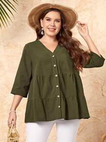 EMERY ROSE Áo sơ mi Plus Size Viên lá sen Nút phía trước màu trơn Giải trí - xanh quân đội - Xem 4