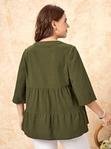 EMERY ROSE Áo sơ mi Plus Size Viên lá sen Nút phía trước màu trơn Giải trí - xanh quân đội - Xem 2
