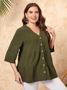 EMERY ROSE Áo sơ mi Plus Size Viên lá sen Nút phía trước màu trơn Giải trí - xanh quân đội - Xem 6