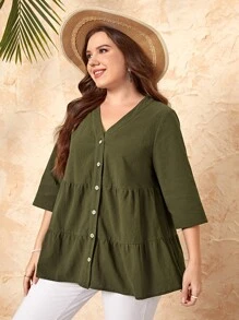 EMERY ROSE Áo sơ mi Plus Size Viên lá sen Nút phía trước màu trơn Giải trí - xanh quân đội - Xem 5