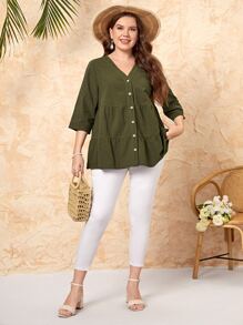 EMERY ROSE Áo sơ mi Plus Size Viên lá sen Nút phía trước màu trơn Giải trí - xanh quân đội - Xem 3