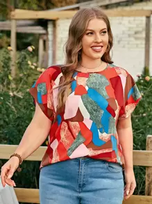 SHEIN LUNE Plus Geo Print Batwing Sleeve Blouse - Multicolor - View 1