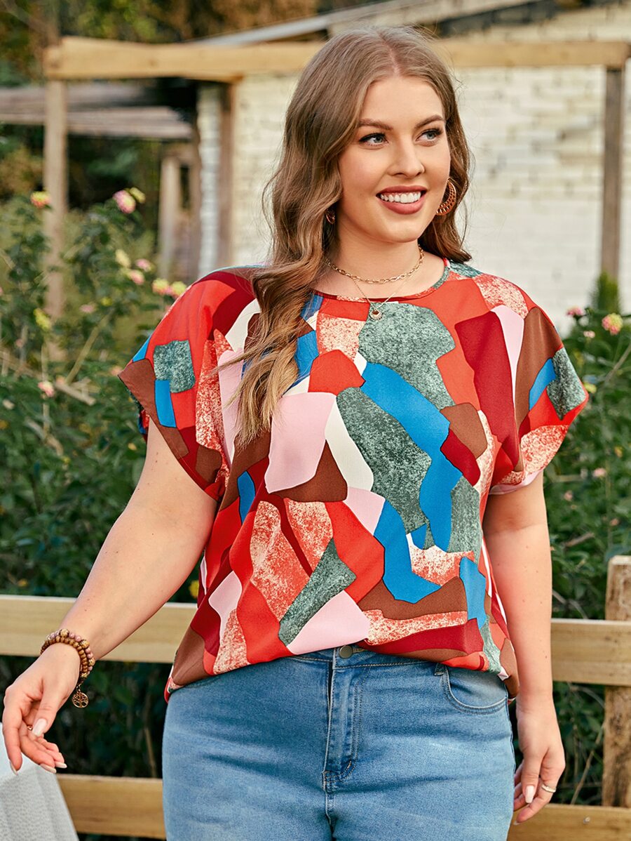 SHEIN LUNE Plus Geo Print Batwing Sleeve Blouse - Multicolor - View 1