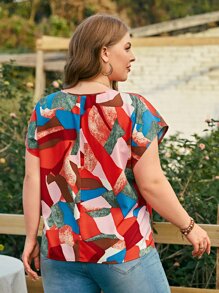 SHEIN LUNE Plus Geo Print Batwing Sleeve Blouse - Multicolor - View 2