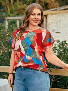 SHEIN LUNE Plus Geo Print Batwing Sleeve Blouse - Multicolor - View 5