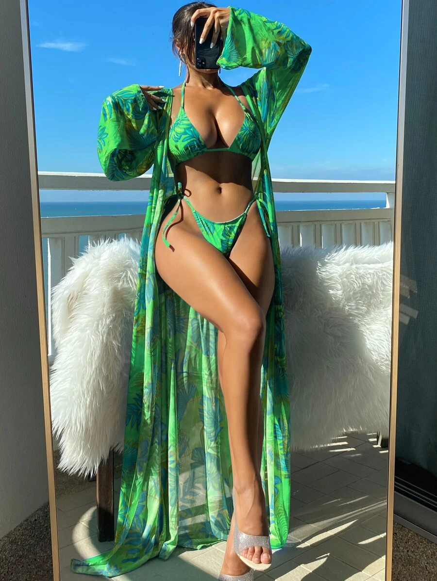 SHEIN Swim Bãi Biển Mùa Hè Nhiệt Đới In Bikini Bộ Dây Áo Ngực Tam Giác & Cà Vạt Bên Đáy & Áo Dài Tay Kimono 3 Miếng Bikini - Nhiều màu - Xem 1